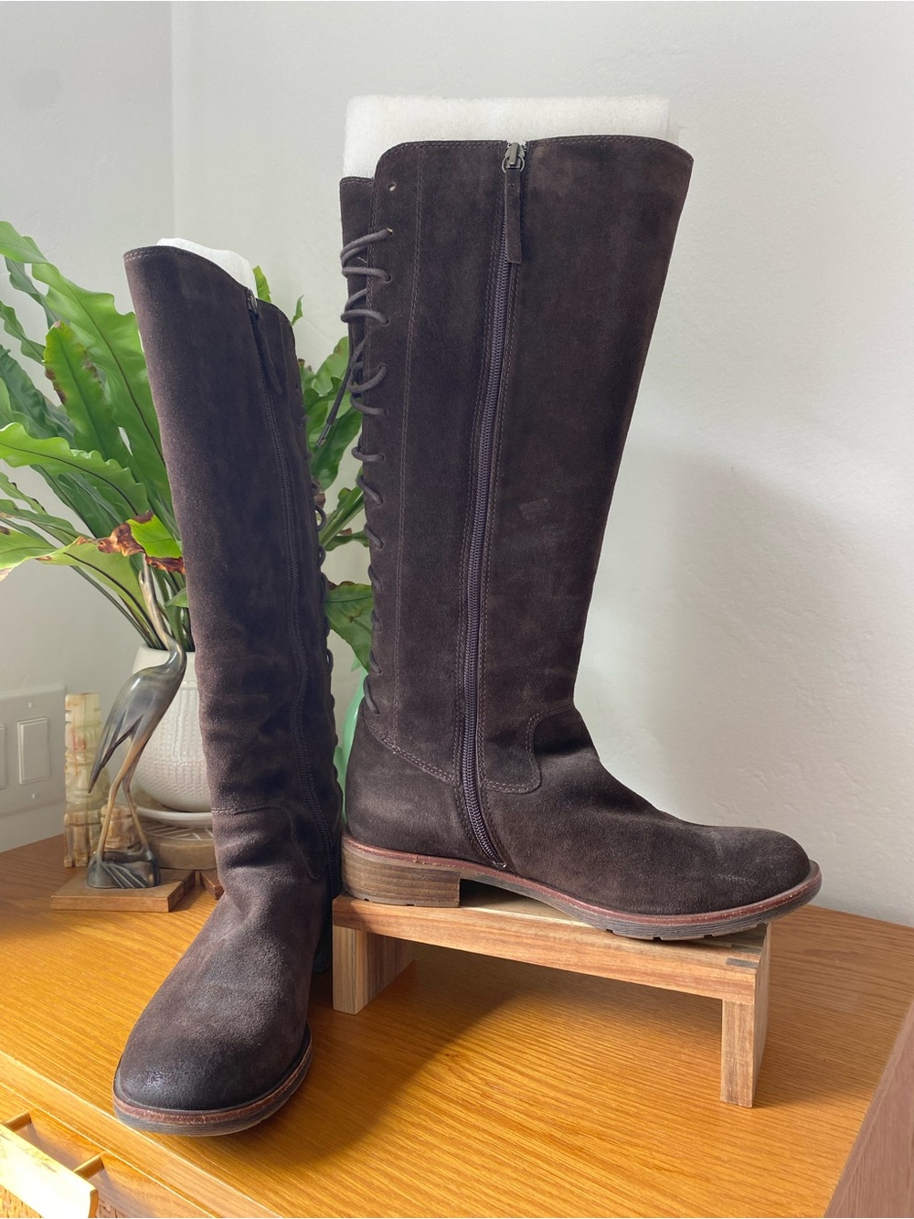 Sofft Sharnell ll Dark Brown Suede Lace-Up Knee Boots with Shearling Collar